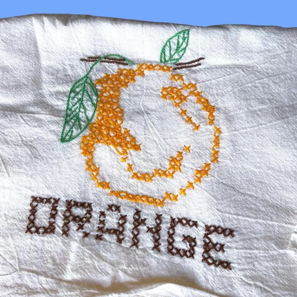 Vintage Fruit Embroidered Tea Towels Set 3 Farmhouse Kitchen Cross Stitch